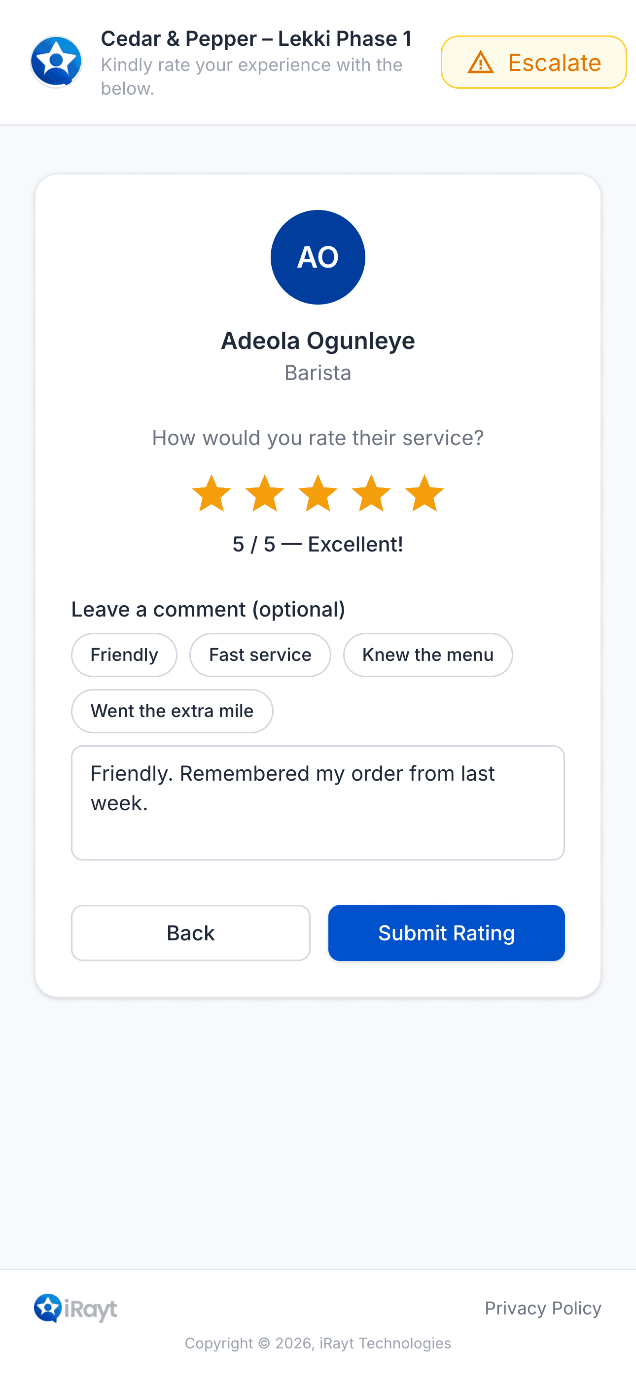 A customer giving Adeola, a barista, five stars on the iRayt rating page