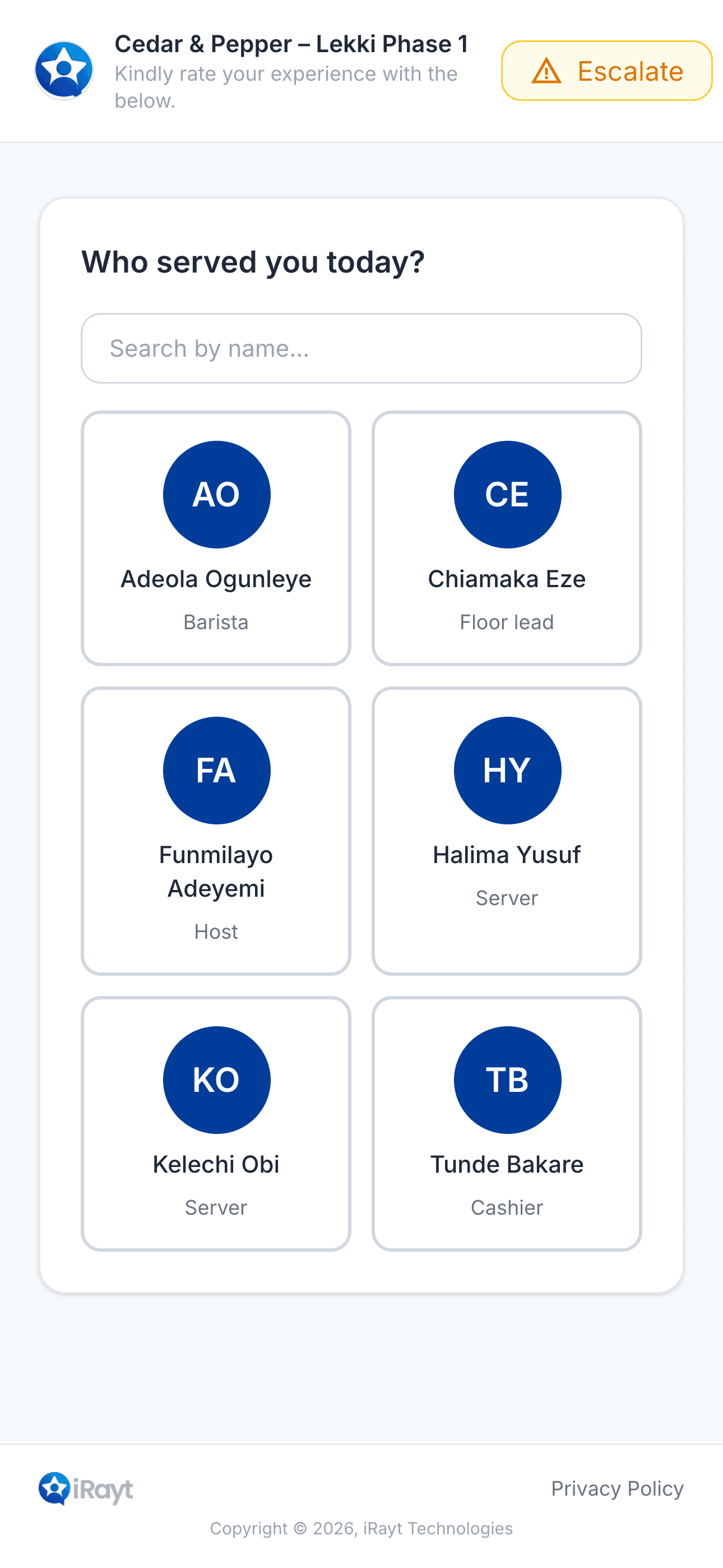 The iRayt rating page listing staff at Cedar & Pepper, Lekki Phase 1